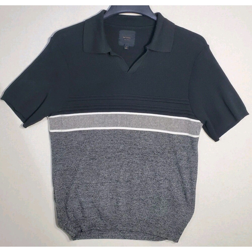 Six Lincoln New York Men's Sweater Sz Medium Collared Knit Shirt Black Gray Wht